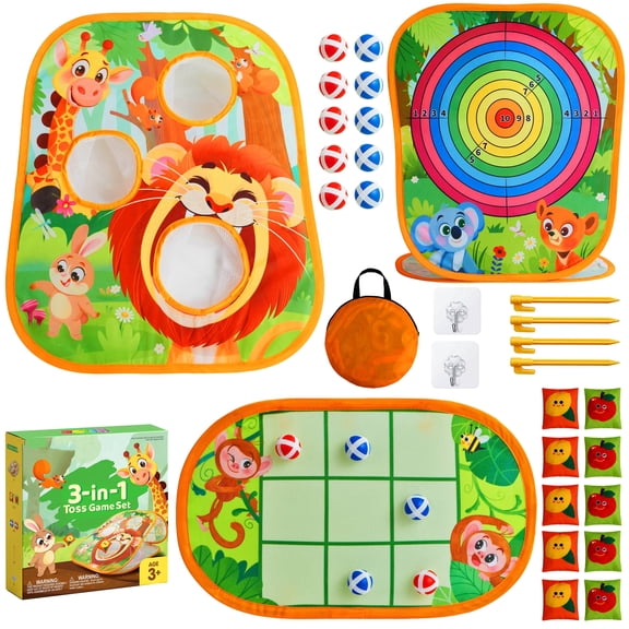 Joyfy 3-in-1 Animal Bean Bag Toss Game, Indoor & Outdoor Toys for Kids, Portable Corn Hole Games with Tic Tac Toe & Dartboard for Party Yard Beach Lawn Play, Christmas Birthday Gift