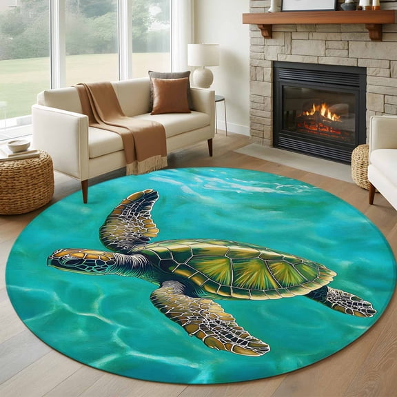 Teal Sea Turtle Coastal Round Rug 5ft Washable Circle Kitchen Rugs Non Slip Nautical Summer Ocean Beach Large Area Rug Indoor Floor Carpet for Bedroom Living Room Home Office Dining Room Nursery