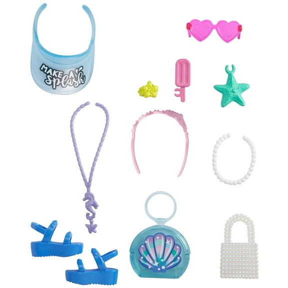 Barbie Accessories Ocean-Inspired Pack with 11 Storytelling Pieces for Barbie Dolls Including Sandals, Shell Purse, Graphic Visor, Heart-Shaped Sunglasses & More, Gift for 3 to 8 Year Olds