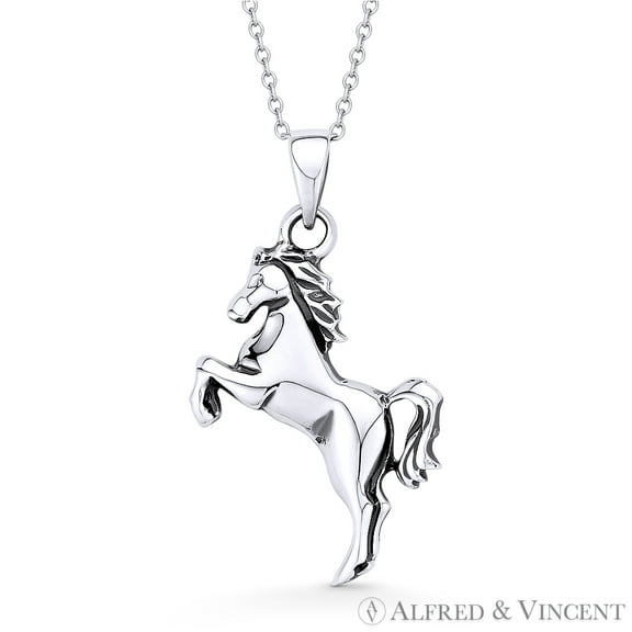 Rearing Horse Animal Charm Pendant & Cable Chain Necklace in Oxidized .925 Sterling Silver