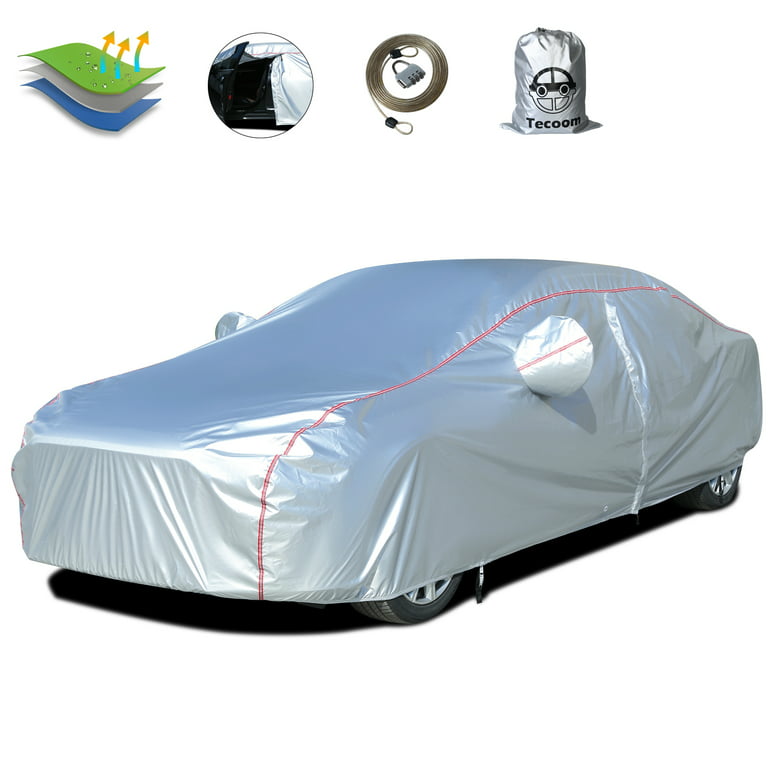 Tecoom Car Cover Zipper Design Waterproof Windproof All Weather  Hard,Outdoor UV Protection Fit Coupe/Convertible/Sport(150-178 inches  Silver) 