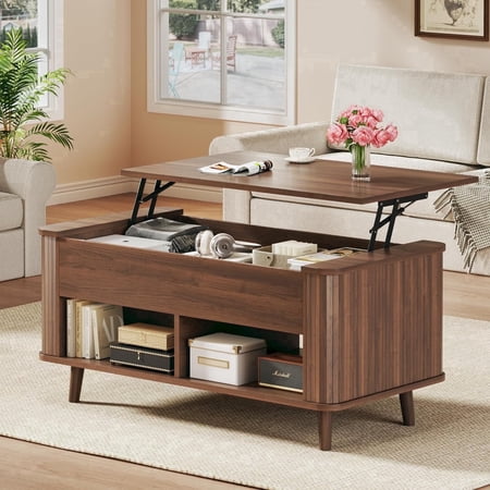 Tomnk 41" Lift Top Coffee Table with Storage, Modern Fluted Coffee Table with Lifting Top, Hidden Storage Space, Open Shelf for Living Room, Walnut