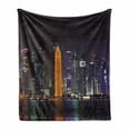 thumbnail image 1 of Urban Soft Flannel Fleece Throw Blanket, Qatar Middle East Town with Luminous Skyscraper at Night View, Cozy Plush for Indoor and Outdoor Use, 70" x 90", Charcoal Grey Orange, by Ambesonne, 1 of 6