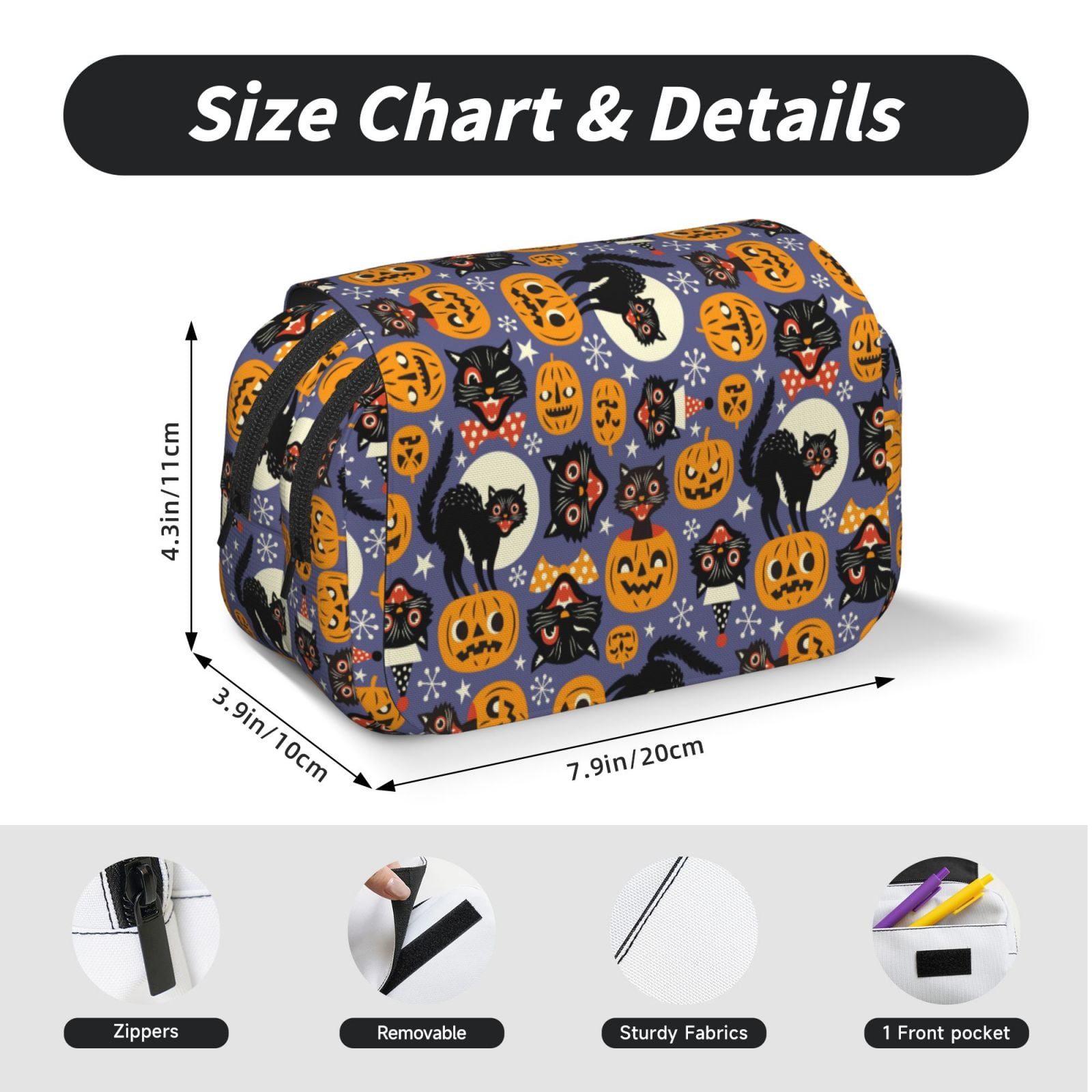 Rateoe Spooky Cats And Halloween Pumpkins Pattern Double Clamshell Pen Case, Storage Organizer with Two Zipper Compartments– Holds Up to 50 Pencils & Pens