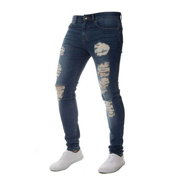Karuedoo Karuedoo Men S Fit Ripped Jeans Frayed Stretch Long Pants Denim Navy Blue Xl Walmart Com Walmart Com