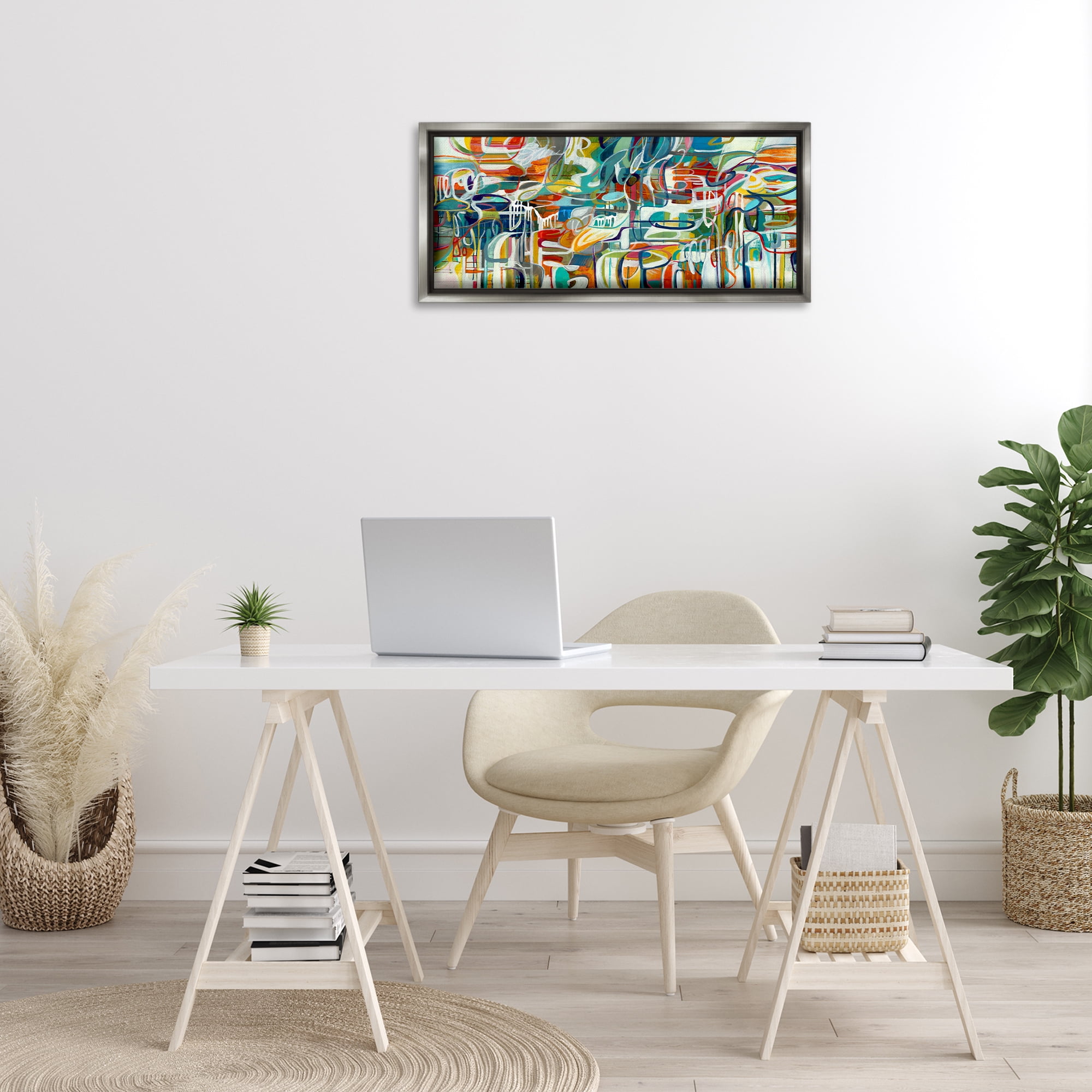 Stupell Industries Chaotic Doodle Shapes Abstract Painting Gray Floater Framed Canvas Art Print Wall Art, 31 x 14