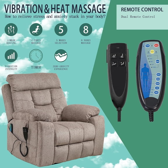 Dual Motor Lay Flat Lift Chairs Recliners - Extra Wide Big Man Recliner with Heat & Massage - Hidden Cup Holder - 400 lbs Capacity