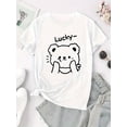 thumbnail image 3 of Women'S Casual Crew Neck T-Shirt with Lucky Bear Print, Fashionable Short Sleeve Top, Medium Stretch Polyester (95%) & Spandex (5%), All-Season Animal Pattern Tee for Sports & Leisure, 3 of 8