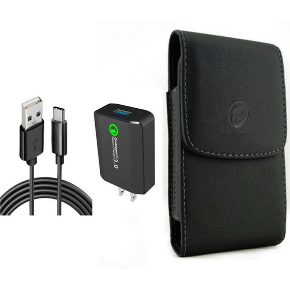 Home Charger & Case Belt Clip for iPhone 15 Pro - 18W Fast 6ft USB Cable Type-C Turbo Charge and Leather Holster Cover Pouch W1O for iPhone 15 Pro (6.1")