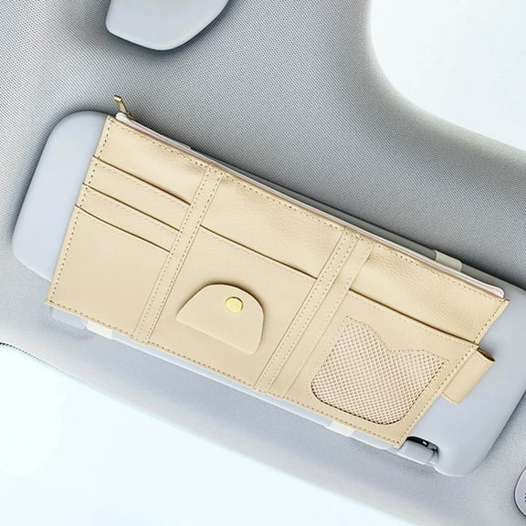 Sun Visor Organizer | Car Storage Pouch with Sunglasses Clip & Card Slots | 9-Pocket Leather Organizer for Documents, Keys, Phone & More | Easy Install with Rubber Bands