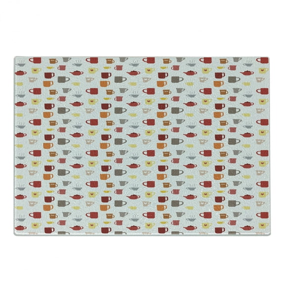 Tea Party Cutting Board, Colorful Coffee Cups and Tea Mugs Pattern Having a Hot Drink Kitchen Utensils, Decorative Tempered Glass Cutting and Serving Board, in 3 Sizes, by Ambesonne