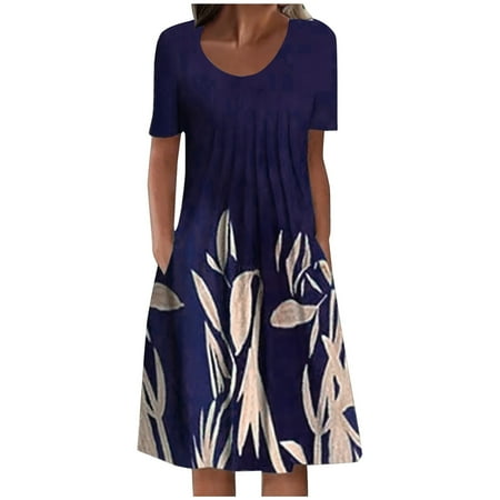 

Maxi Dress for Women White Dress Women Fashion Women Summer Printing Causal Round-Neck Short Sleeve Vacation Pockets Dress Summer Dresses Womens Tops Dressy Casual on Clearance Blue S