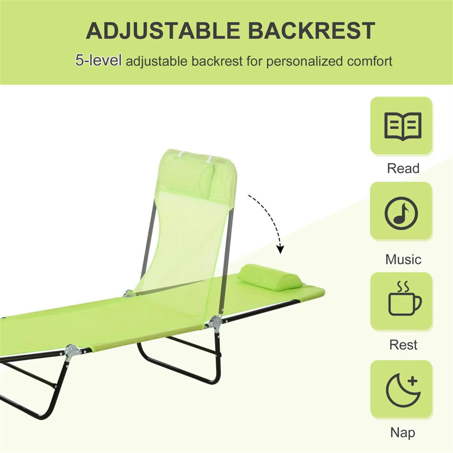 Demi Bonn Outdoor Folding Chaise Lounge with Reclining Back, Mesh Seat, Headrest for Pool, Beach, Yard, Patio, Sun Tanning, Green