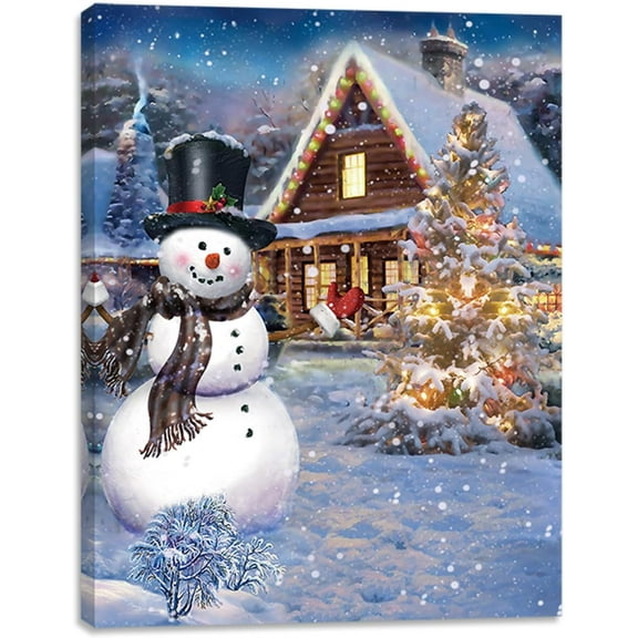 Snowman Welcome Lighted Canvas Wall Art Print 16" x 12" With Timer | LED Canvas Canvas Wall Art Print Design (Snowman Welcome,16" x 12")