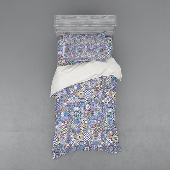 Ambesonne Moroccan Bedding Set 3 Pcs, Grid Squares Pattern, Twin XL, Multicolor