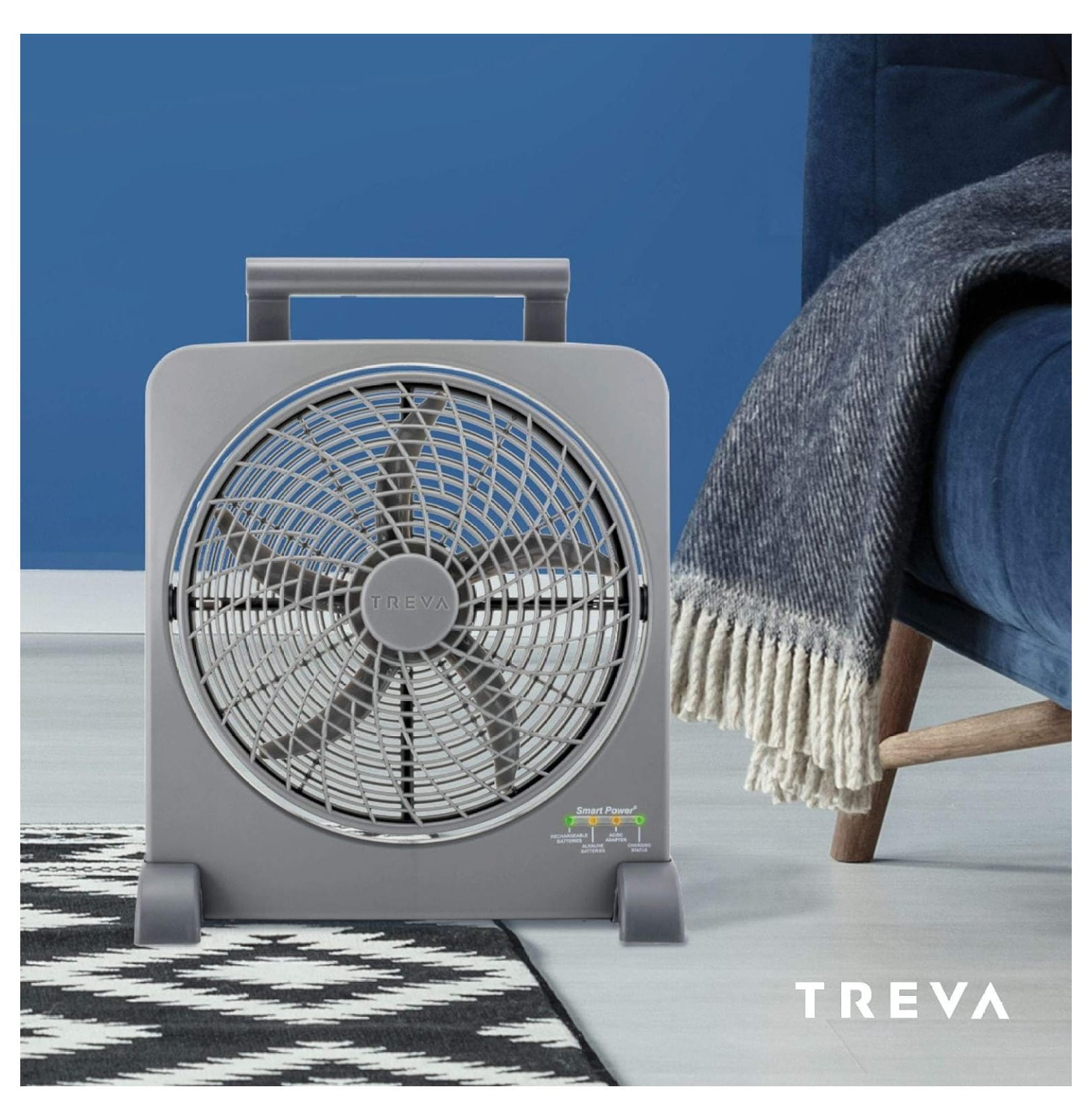 Treva 10 inch Rechargeable Portable Fan Smart Power Air Circulator. Plug-In Adapter and Battery Powered, USB Charging Port, For Camping Travel and Indoors Use