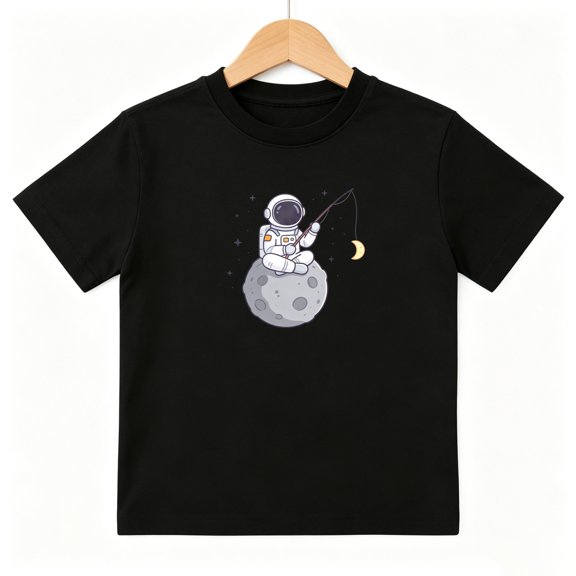 Astronaut Moon Fishing Boys Graphic Tees Space Kids T-Shirt 100% Cotton Short Sleeve Tops Ages 4-13Y