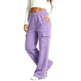 thumbnail image 2 of Girls Fleece Lined Sweatpants Wide Leg Cargo Sweatpants Elastic Waist Multi Pocket Casual Trousers, 2 of 8