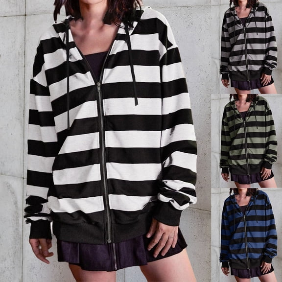 Women's Striped Zip Up Hooded Sweatshirt, Oversized Loose Fit with Drawstring Waist, Long Sleeve Casual Jacket for Autumn Winter Street Style and Layering-Blue