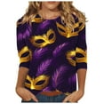 thumbnail image 3 of QATAINLAV Hoy Oferta Flash Women's Mardi Gras Outfit 3/4 Sleeve Outfit Trendy Print Graphic Tees Blouses Casual Pullover Tops Outfit Purple XL, 3 of 6