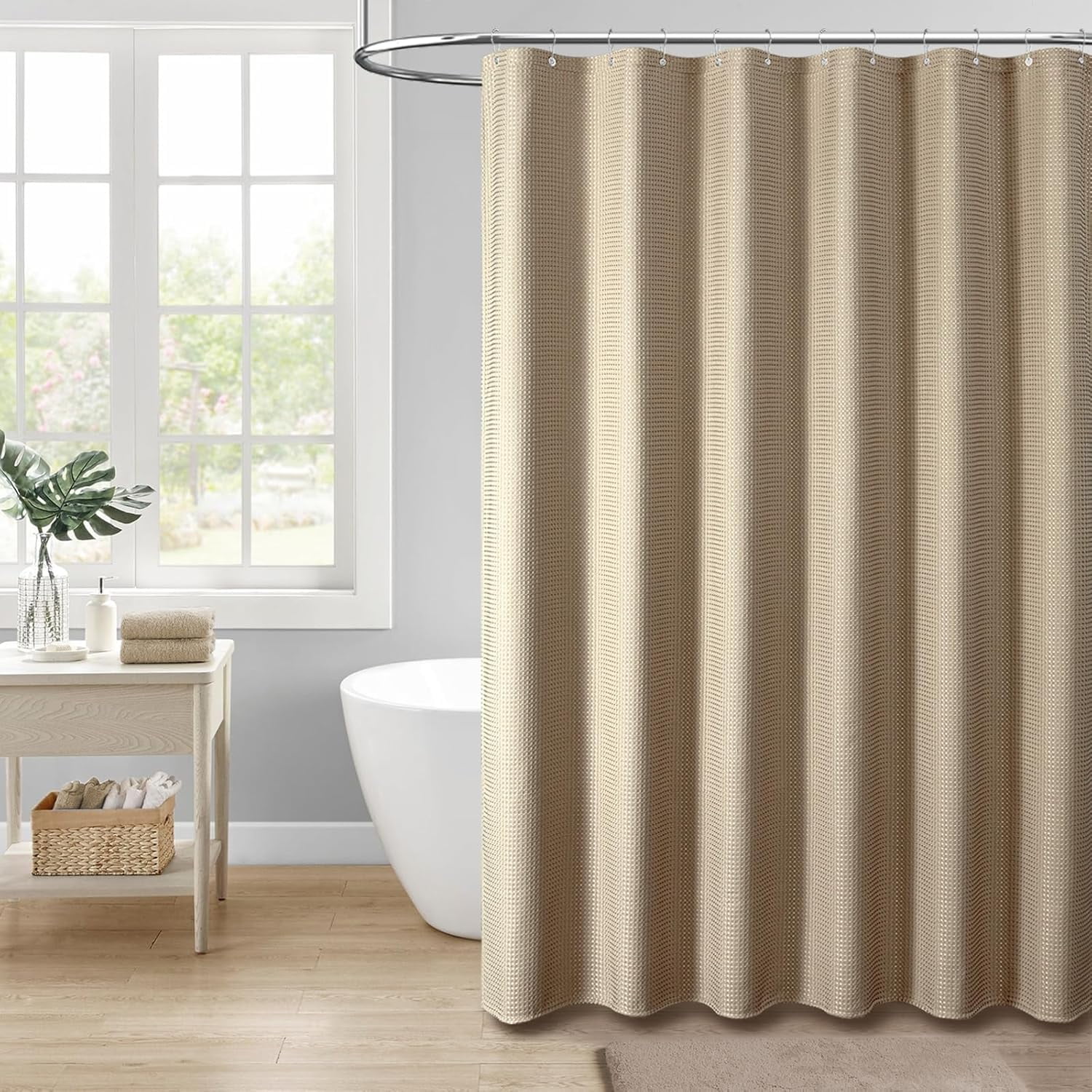 Extra Long Fabric Shower Curtain - Waffle Weave 90 Inches Long Heavy Duty Cloth Shower Curtains for Bathroom, 256GSM Tall Hotel Luxury Bath Curtain Set with 12 Plastic Hooks, Beige/Khaki