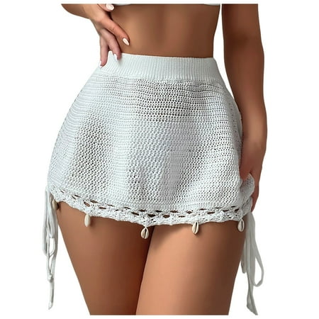 Women s Crochet Beach Cover Up Hollow Out Fishnet Skirt with Shell & Sequin Trim  Adjustable Drawstring Lightweight Mesh Sarong Swimsuit Wrap for Summer Vacations