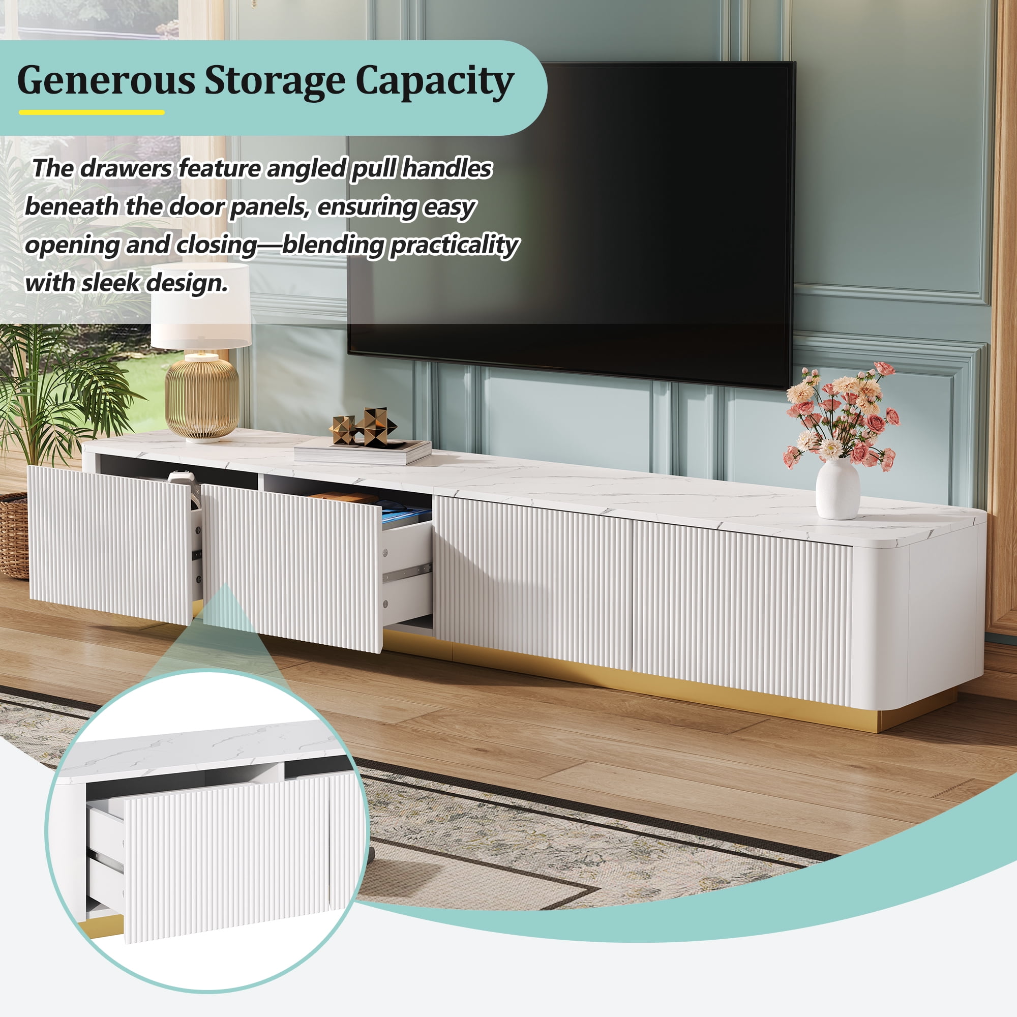 Harper & Bright Designs Fluted TV Stand for 85 inch TV with Gold Base, Modern Media Console with 4 Drawers, Entertainment Center with Curved Profile Design for Living room, White