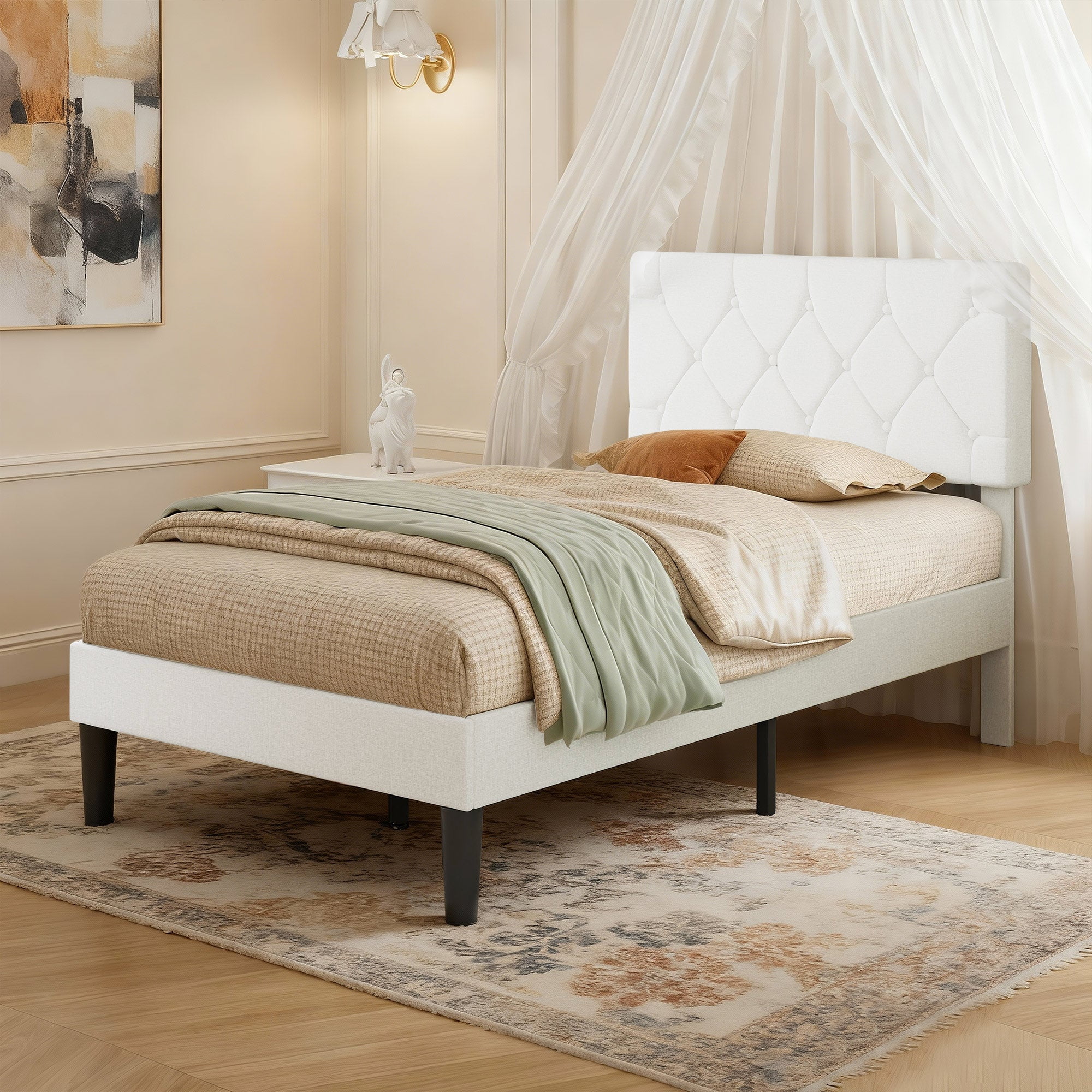 VECELO Twin Size Platform Bed Frame Upholstered Beds with Height-Adjustable Linen Button Tufted Headboard, Bed Frame, White