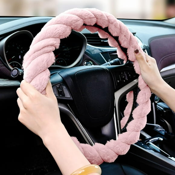 TRAHOO-Twisted Faux Fur Steering Wheel Cover Cozy Fuzzy Plush, Anti-Slip Interior, Universal Fit for 14.5-15 Inch - Soft Comfortable Touch for Cold Weather Drives