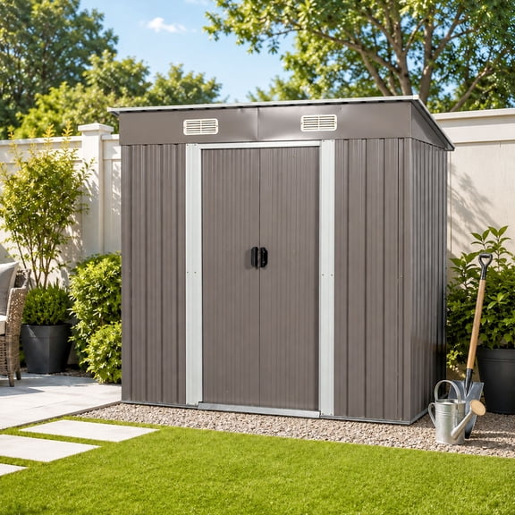CarButler 6x4ft Metal Outdoor Storage Shed with Lockable Sliding Doors for Garden Backyard Patio Gray