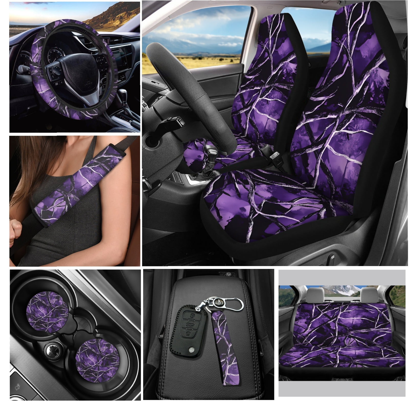 Yuyamidu Camo Hunting Car Seat Covers Set of 12 Purple Wood Steering Wheel Cover Seatbelt Cushion Pad Cup Holder Chapstick Sleeve Keychain Wrist Strap Key Chain Car Accessories