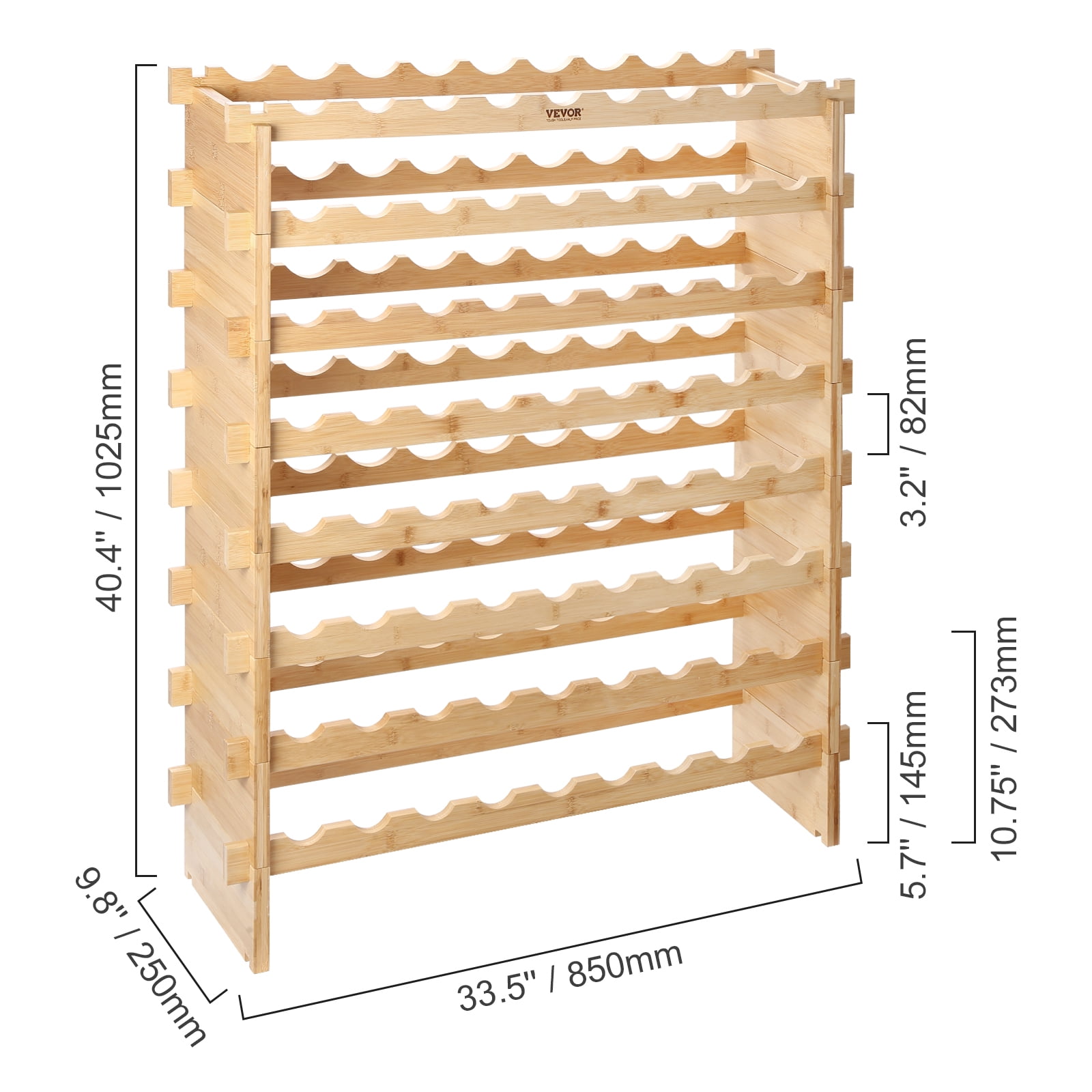 VEVOR 72 Bottle Stackable Modular Wine Rack, 8-Tier Solid Bamboo Wood Storage Racks, Floor Freestanding Wines Holder Display Shelf, Wobble-Free Shelves for Kitchen, Bar, and Cellar (Natural Color)