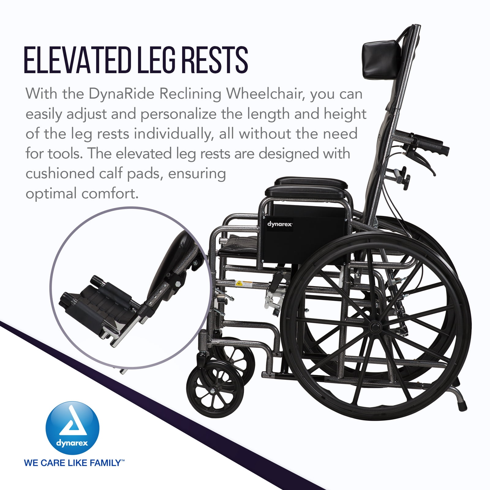 Dynarex DynaRide Reclining Wheelchair - Detachable Desk Arms & Elevating Leg Rests, Weight Capacity 350 lbs., 22" x 18" Seat, Silver Vein Frame - 1 Wheelchair