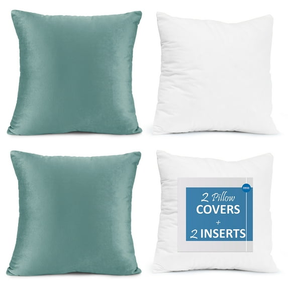 Nestl Plush 2 Pack Solid Decorative Microfiber Square Throw Pillow Cover with Throw Pillow Insert for Couch, Teal, 26" x 26"