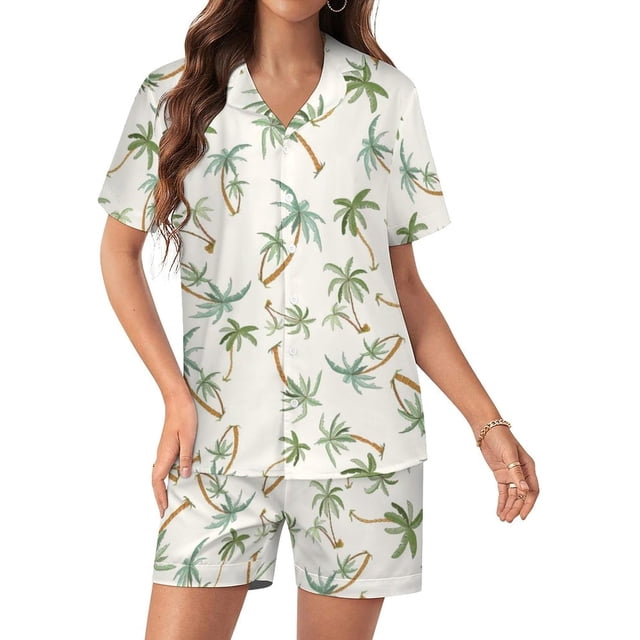 SKQIT Ensembles de Pyjama à Manches Courtes pour Femmes, 2 Pcs Imprimé Mignon Chemise Boutonnée en Satin Doux et Shorts