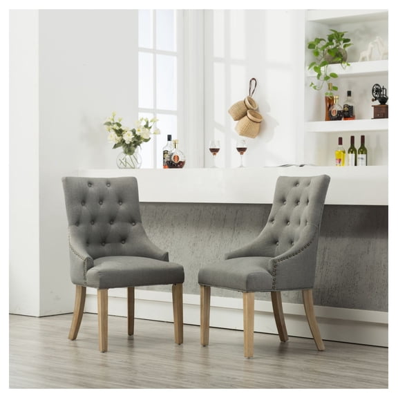 Grey Wingback Chairs Set of 2, Button Tufted Dining Chairs - Solid Wood Frame, Nail Head Trim, Rustic Hostess Chairs for Dining Room, Living Room, Kitchen