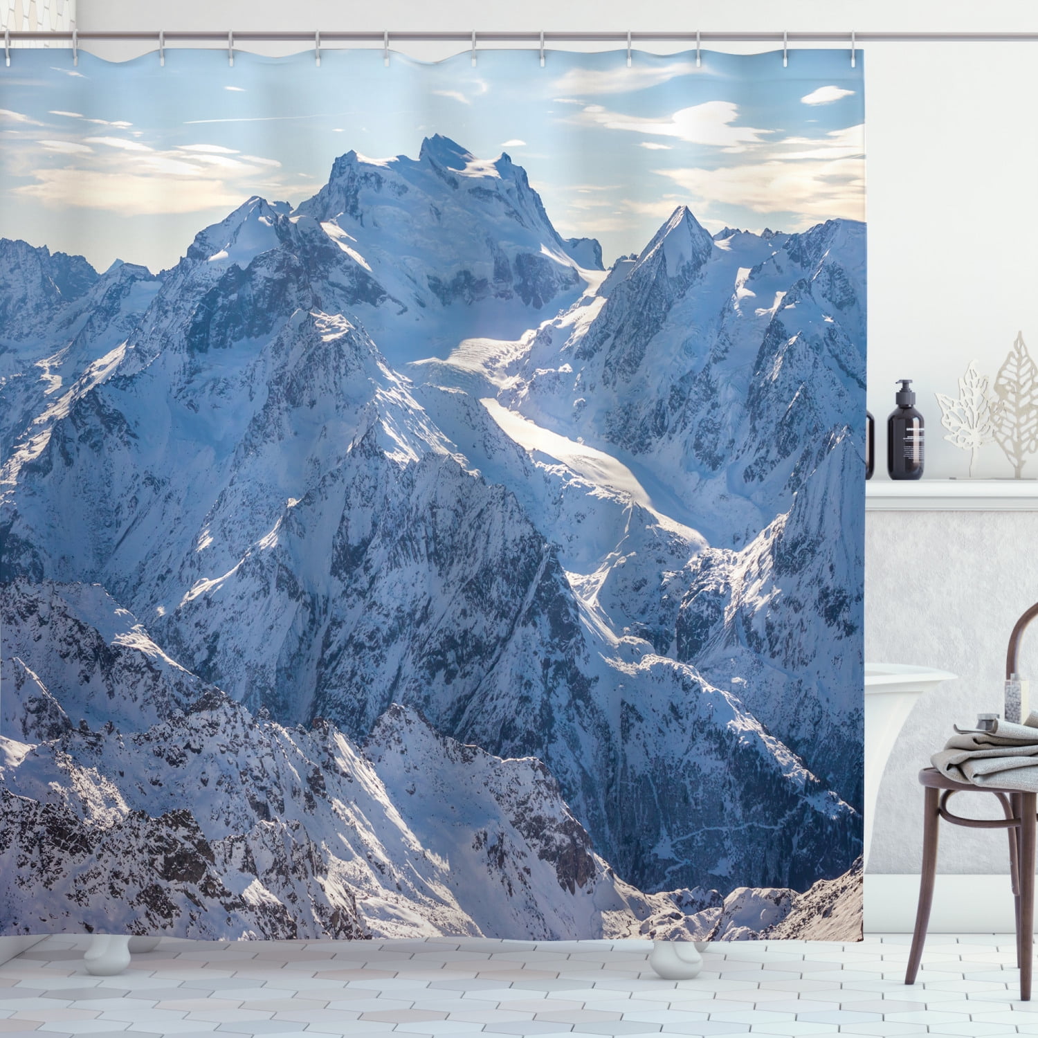 Mountain Shower Curtain, Snowy Mountain Scene under the Sky Winter