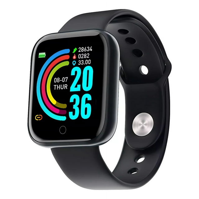 smart watch reloj inteligente bluetooth notificaciones salud color de la caja negro 3/4 frontal con pantalla cuadrada a color y correa de silicón negra; muestra hora digital, anillos de actividad y datos de pasos, borde metálico redondeado, botón táctil frontal y cierre con pasador metálico, también adecuado para seguimiento de actividad diaria.