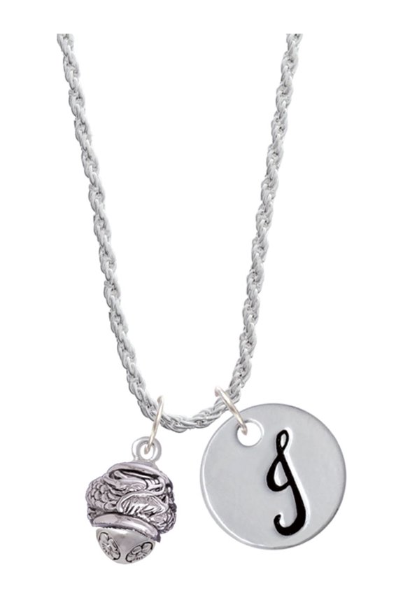 Silvertone Antiqued Dragon Spinner Silvertone Script Initial Disc - J - Charm Necklace, 20"+3"
