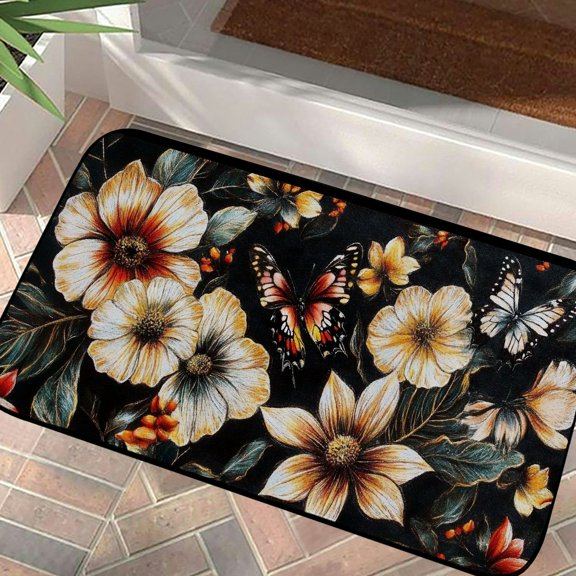 Qinduosi Kitchen and Door Mat for Floor Floral Kitchen Rug Non Slip Washable, Butterfly Anti Fatigue Mat for Kitchen Floor, Black Marble Standing Floor Mat 19.68*39.37 in
