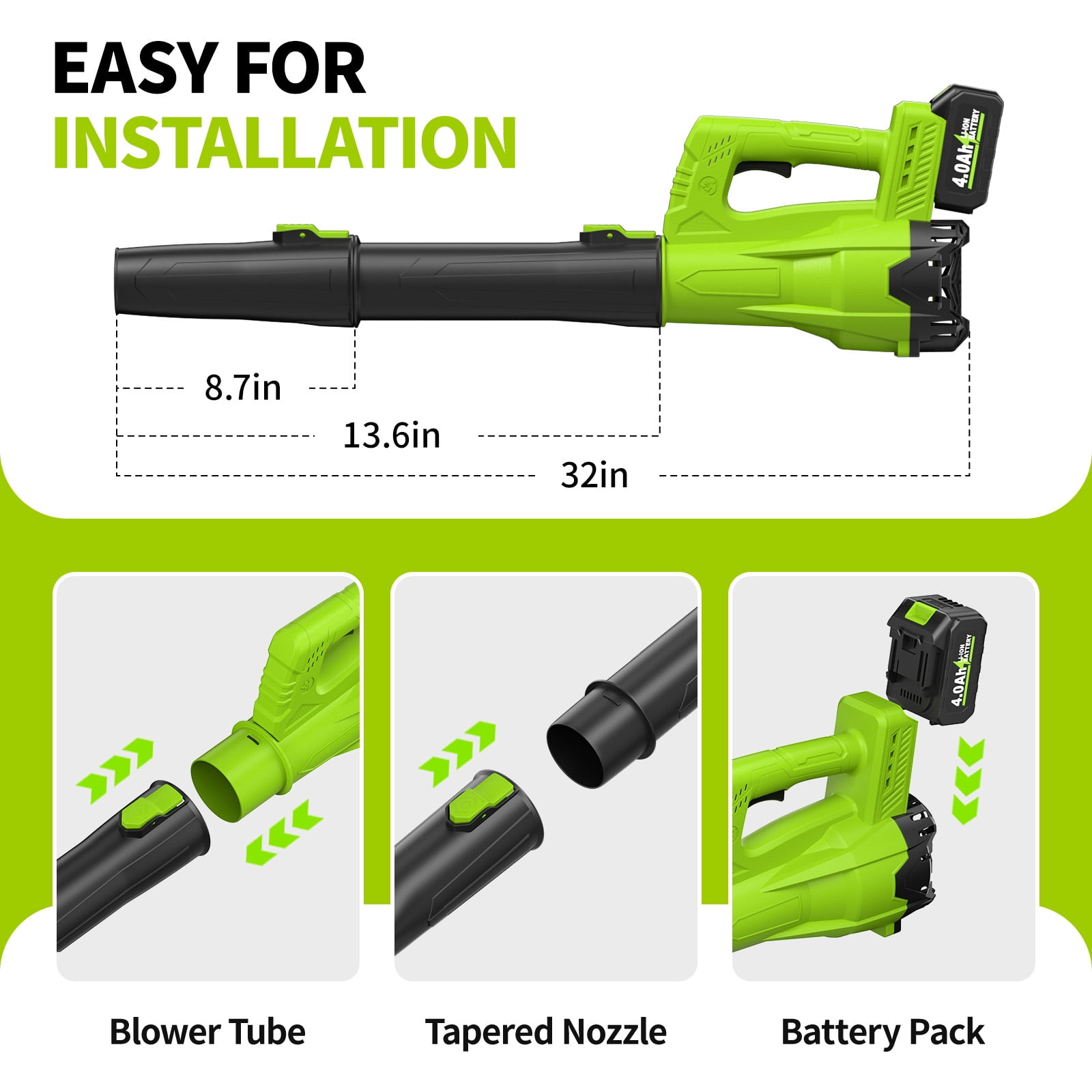 Leaf Blower Cordless, Electric Leaf Blower with 4.0Ah Battery, Charger And Extended Nozzle, 650 CFM & 280 MPH Handheld Battery Blowers, 21V Lightweight Small Leaf Blower for Lawn Care, Garden, Patio