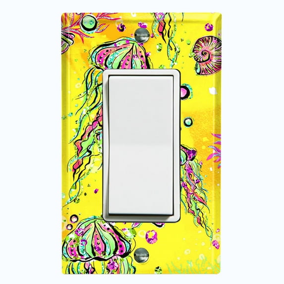 Metal Light Switch Wall Plate Outlet Cover (Jellyfish Sea Snail Starfish Yellow Glitter Reef Bubbles - Single Rocker)
