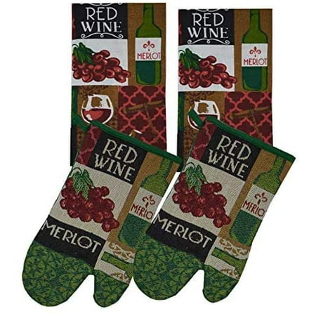 

Set 4 100% Cotton Kitchen Linen Set. (2 Dishes Clothes & 2 Oven Mitts) (Winery)