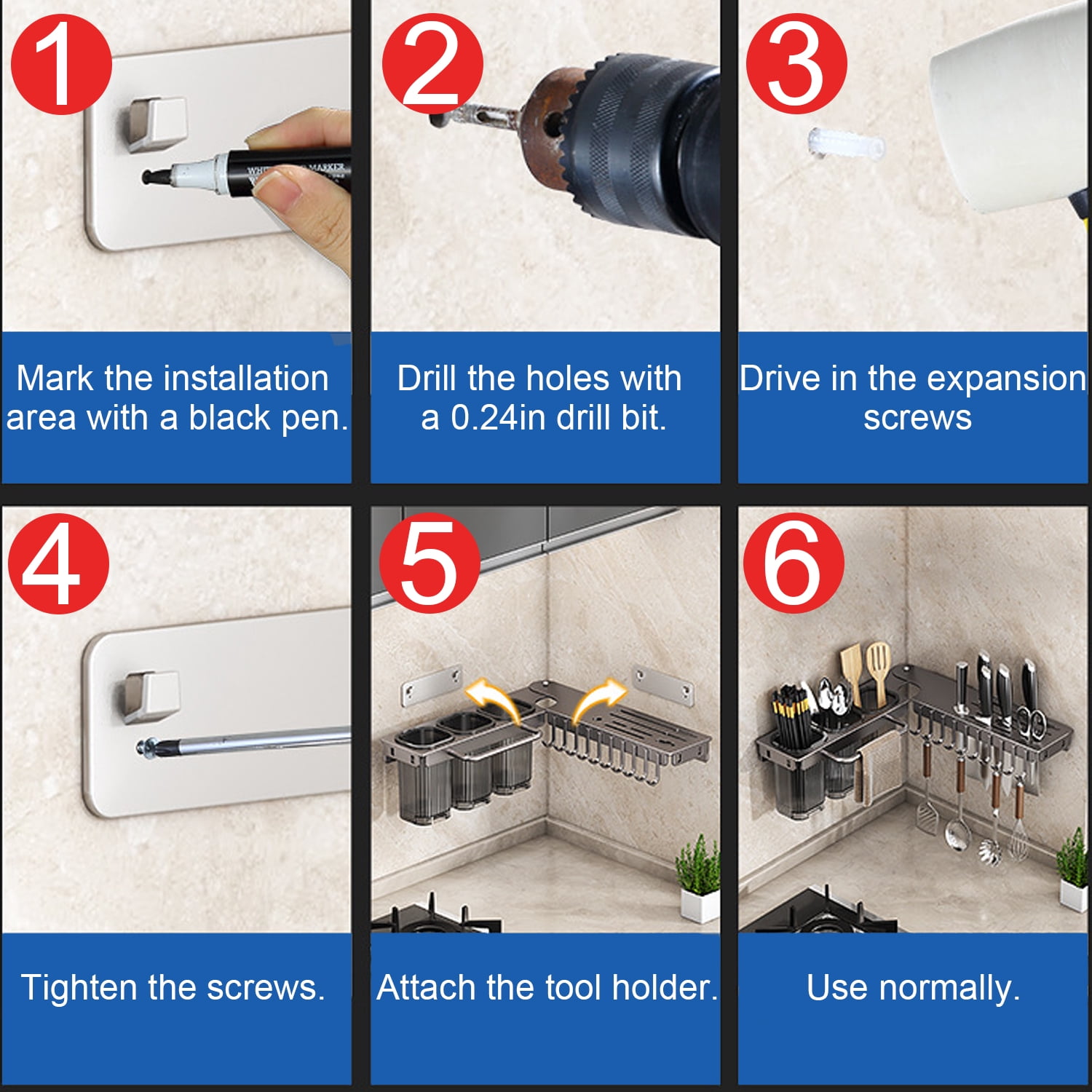 BTideas Wall Mounted Knife Holder,Rotate 90° Knife Organizer with 10 Hooks,Kitchen Utensil Organizer