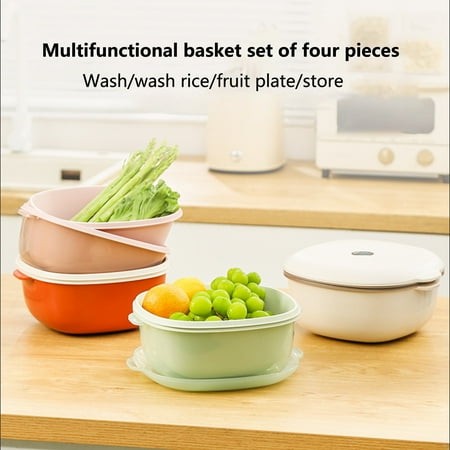 

Yesbay 1 Set Fruit Baskets Double Layer with Lid High Capacity Fast Draining 4 in 1 Washing Storage Baskets for Kitchen