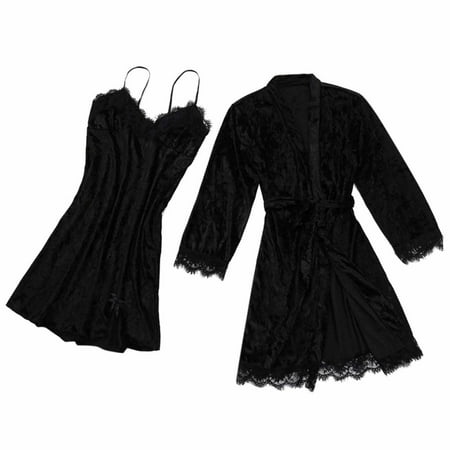 

Dadaria Satin Pajamas Women Three-Piece Pajamas Lace Velvet Solid Color Lace Three-Piece Pajamas Nightdress Sleepwear Black L Women