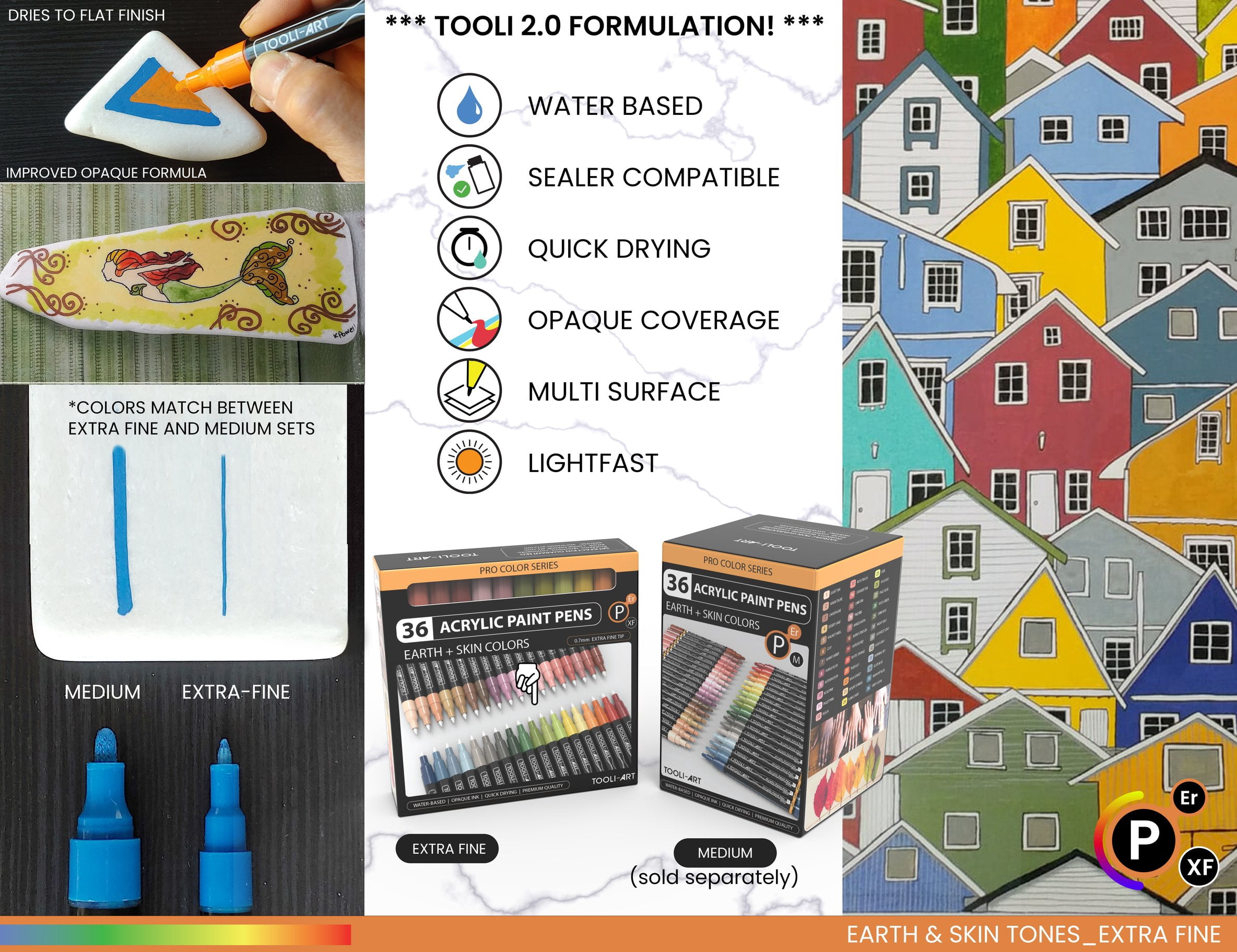 Tooli-Art Acrylic Paint Pens Skin and Earth Tones Marker Set 0.7mm Extra Fine Tip For Rock Painting, Canvas, Most Surfaces with Non-Toxic, Quick Dry Marker Set of 36