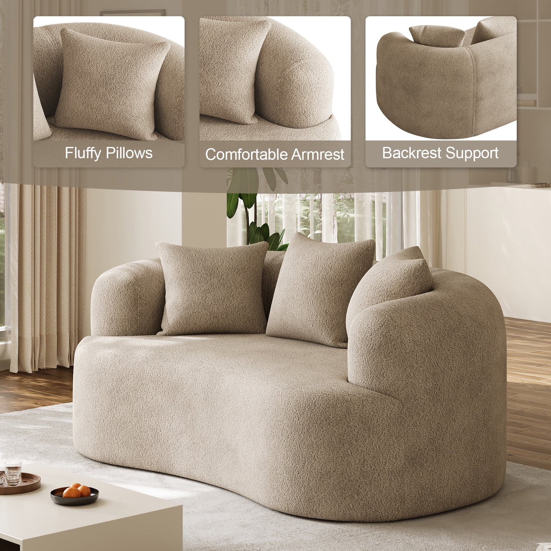 Wiilayok 68.5" Modern Chenille Sofa,Curved Sofa with Deep Seat,Cloud Compression Sofa Couch for Living Room,No Assembly,Light Brown