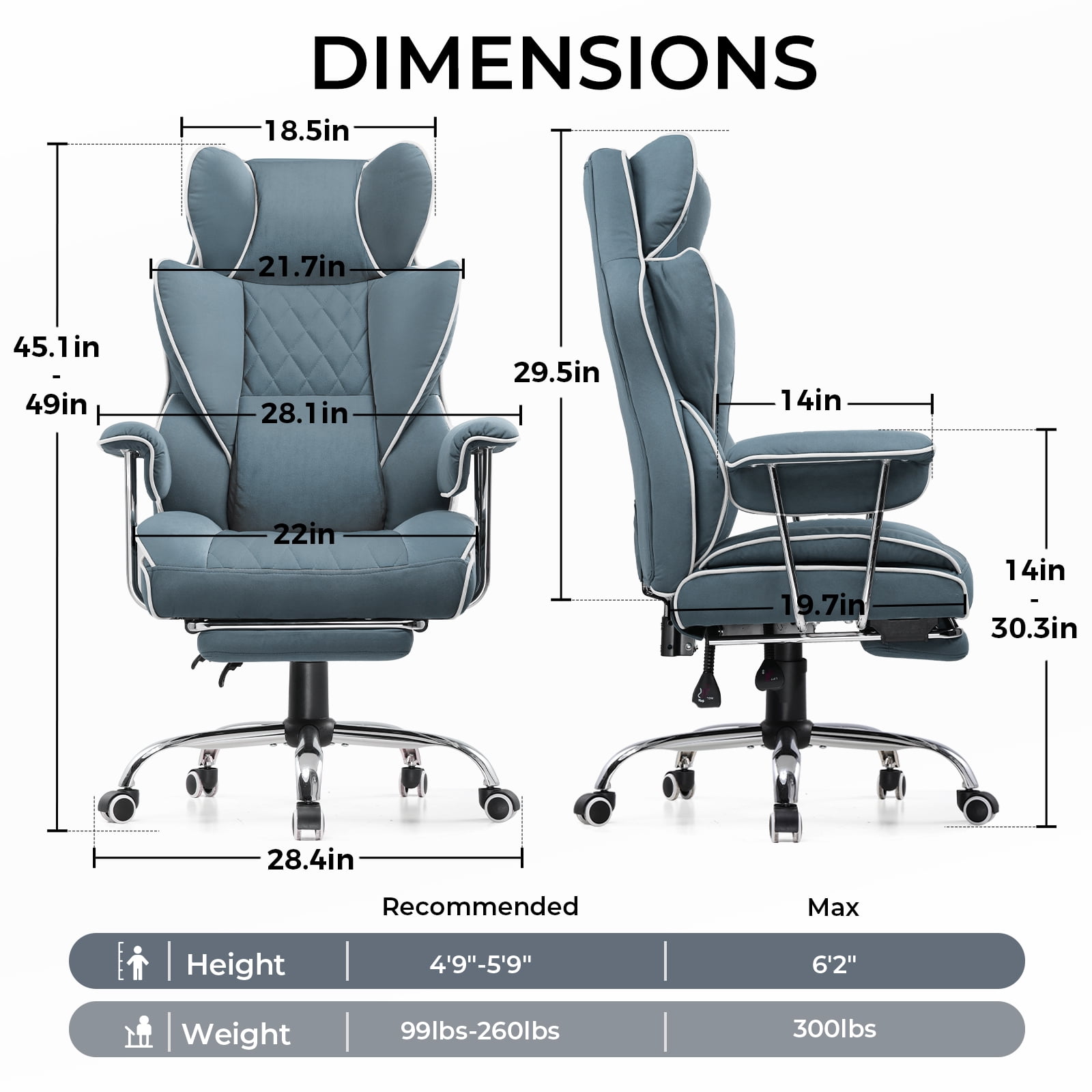 EXRACING Ergonomic Big and Tall PU Leather Gaming Chair with Footrest, Blue
