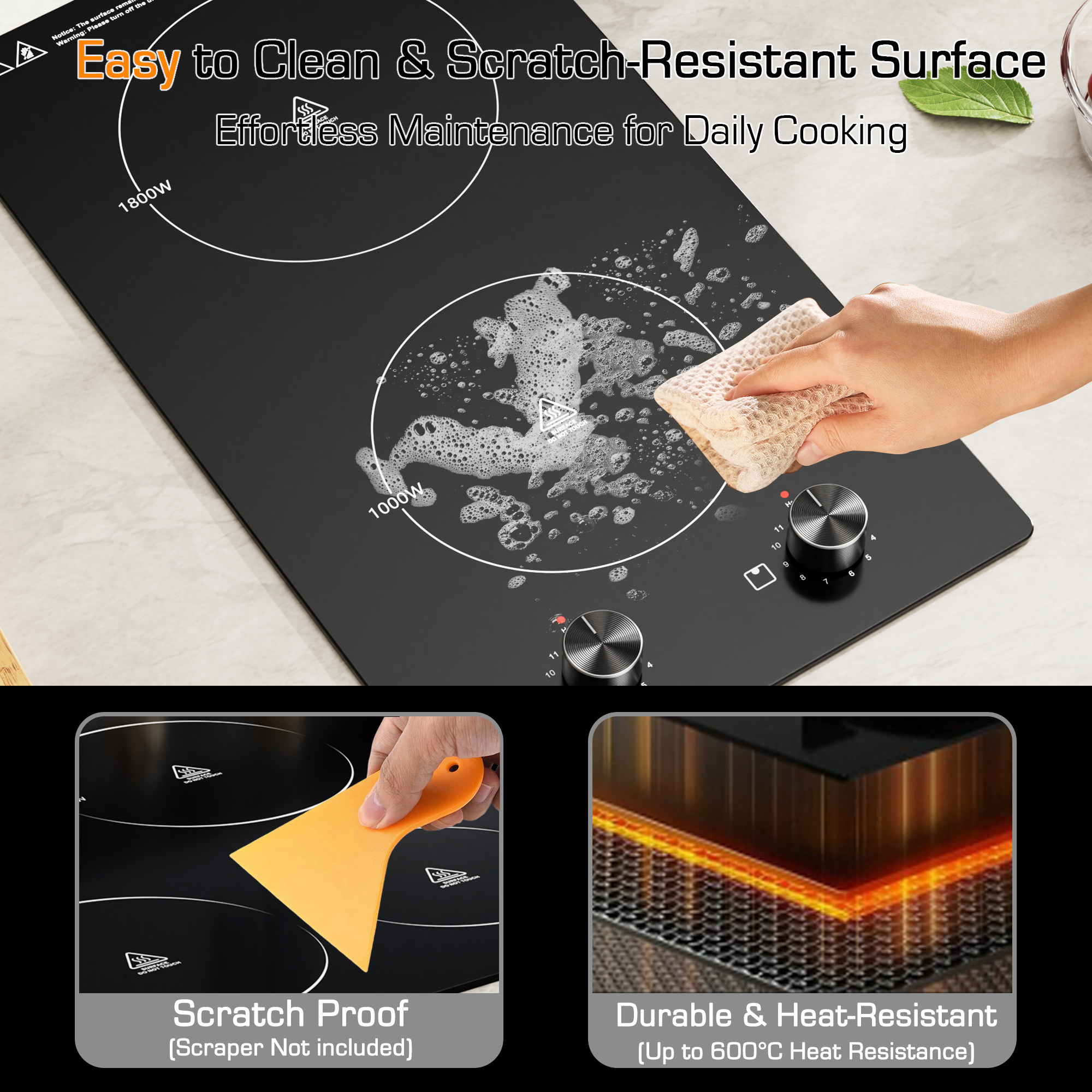 12 Inch 2 Burner Electric Cooktop, 1800W Ceramic Electric Stove Top, 120V Plug-in Radiant Countertop & Built-in Cooktop, 11 Heat Levels, Knob Control, Residual Heat Indicator